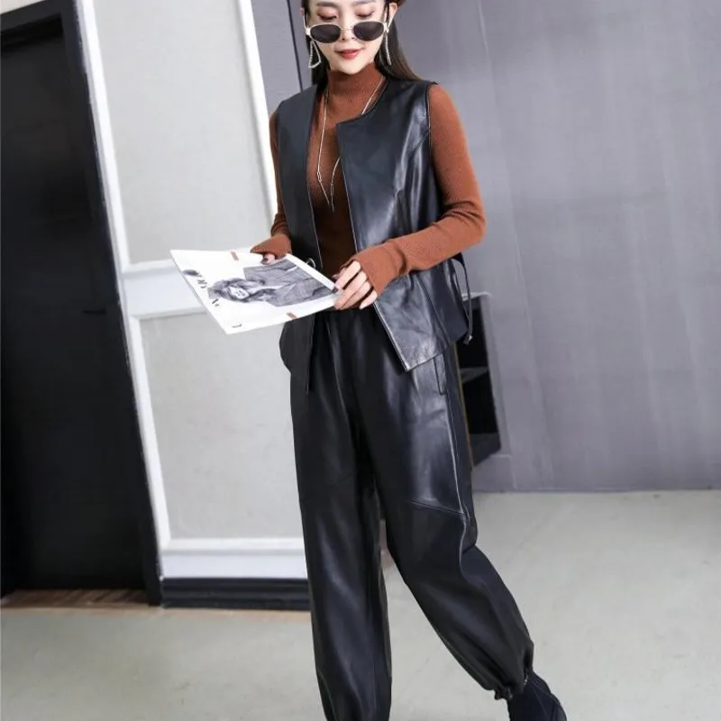 

Fashion New Womens Sheepskin Slim Sleeveless Vest Jacket Office Lady O-Neck Genuine Leather High Quality Korean Style Vest