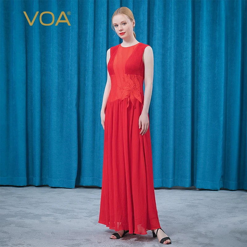 

VOA Silk O-Neck Sleeveless Splicing Fold Double Party Prom Dress Three-dimensional Decoration Red Dinner Dresses for Women AE812