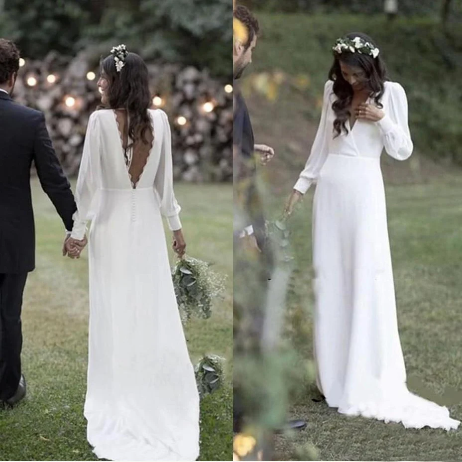 Bohemian White Wedding Dresses 2019 V Neck Backless Sweep Train Chiffon Beach Garden Country Bridal Gowns vestido de novia Cheap | Свадьбы и