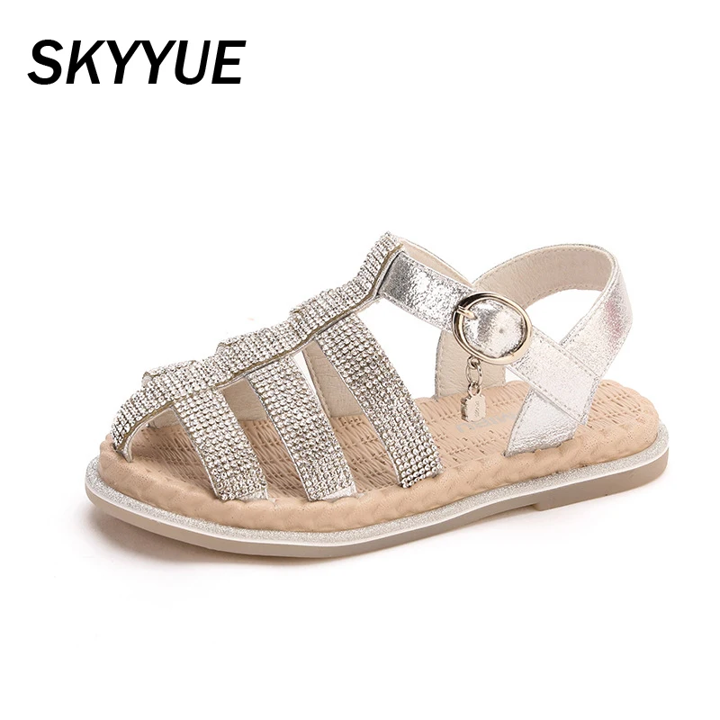 Летние детские сандалии принцессы пляжные со стразами для маленьких девочек