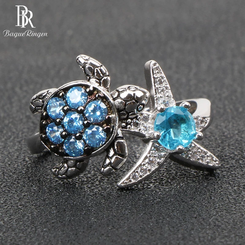 

Bague Ringen Trendy Silver 925 Ring for Women Jewelry Charms Gemstones Aquamarine Turtle Starfish Size6-10 Female Party Jewelry