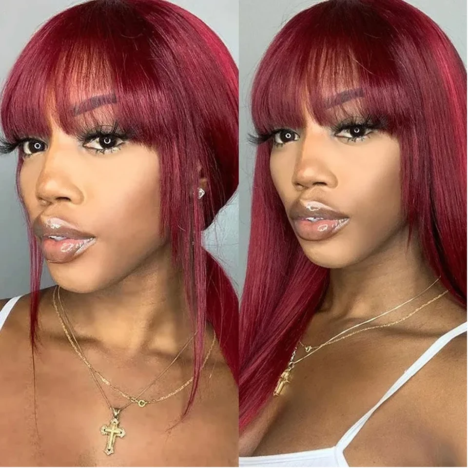 

Beauty Grace 99J Colored Human Hair Wig With Bangs Burgundy Brazilian Hair Wig Bone Straight Human Hair Wig
