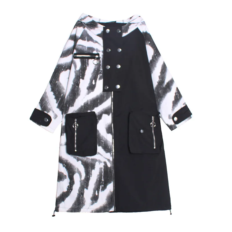 

2021 European Fashion Style Ladies Punk Streetwear Printed Hooded Trench Coats Womens Casual Denim Windbreakers Long Clothes