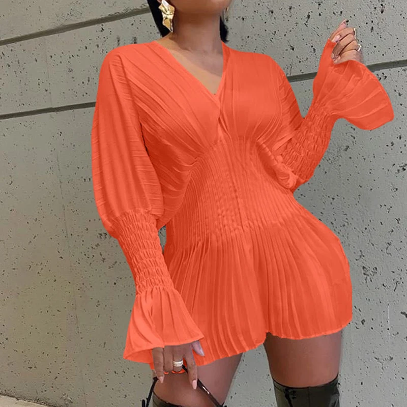 

Elegant Pleated Deep V Neck Women Dress Fashion Flare Long Sleeves Solid Party Dress Spring Autumn Sexy Slim Mini Dress Vestidos