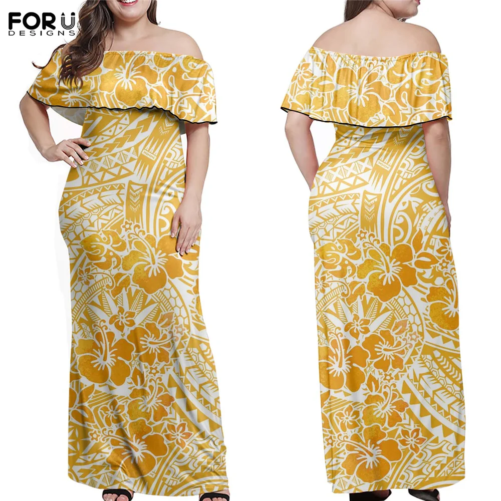 

FORUDESIGNS 2021 Hot Selling Women Off Shoulder Long Dresses Tahiti Polynesian Hibiscus Flower Turtle Ladies Bodycon Dress Ropa