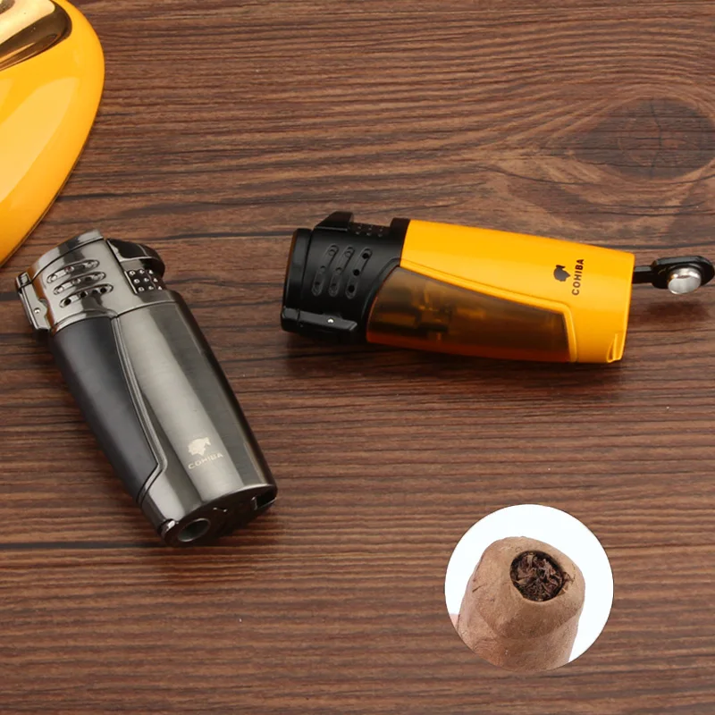 COHIBA сигарные гаджеты Пластиковые зажигалки бутан многоразовая Зажигалка для сигар ветрозащитная карманная сигарета газовая зажигалка W/Подарочная коробка