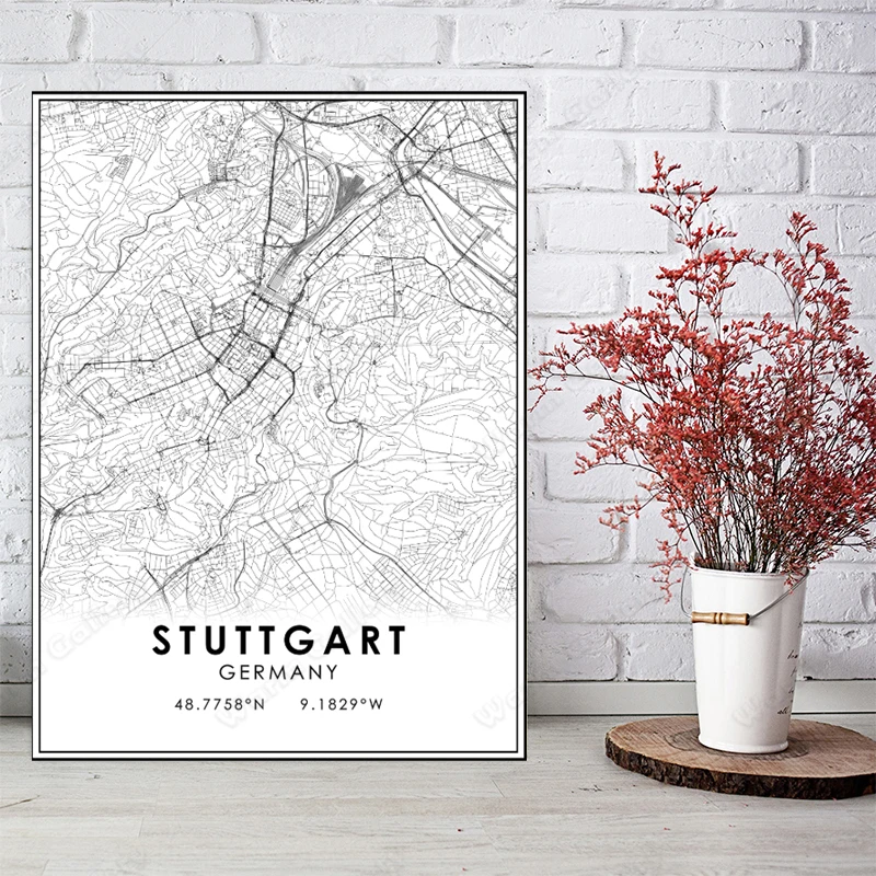 Черно-белая карта города Германии Карта Штутгарт плакат HD печать настенное