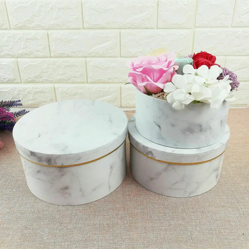 

3 Pcs Florist Flowers Gifts Box Marble Pattern Round Packing Case for Wedding Party ANDF889