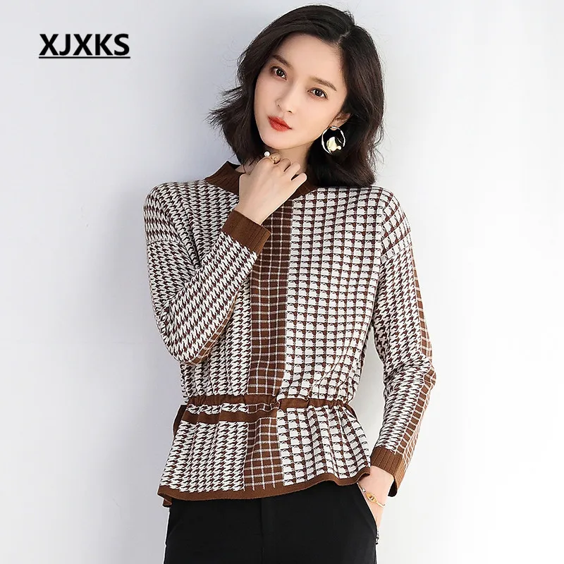 XJXKS 2019 autumn winter new high-end cashmere thick warm women's sweater pullover fashion plaid plus size knitted tops | Женская