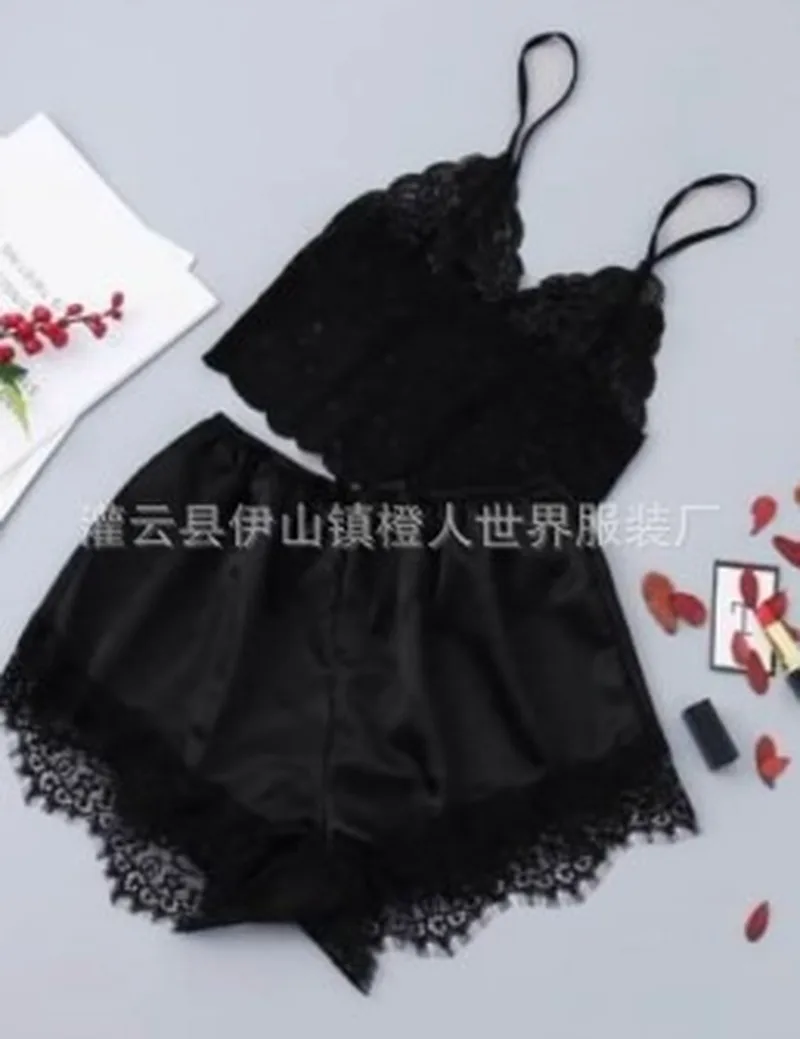 QWEEK Womens Pajamas Sleepwear Sexy Lace Lingerie Summer Thin Pyjamas Women Set Sexy V-neck Backless Pijamas Female Dropshipping