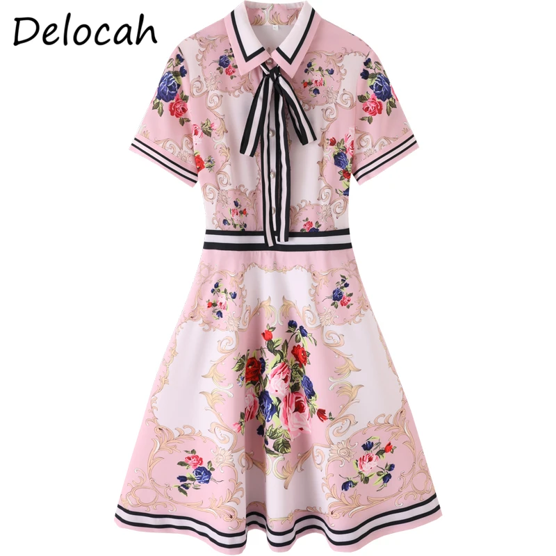 

Delocah Summer Women Fashion Runway Party A-Line Dress Short Sleeve Bow Button Floral Print Elegant Ladies Midi Dresses vestidos