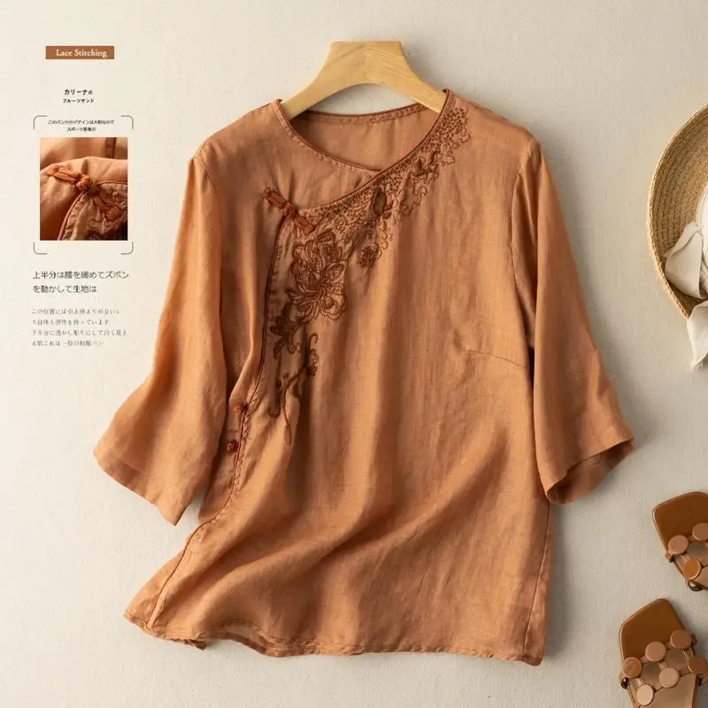 

New Arrival Summer Women Loose O-neck Three Quarter Sleeve Blouse Embroidery Cotton Linen Single Breasted Casual Shirts W526