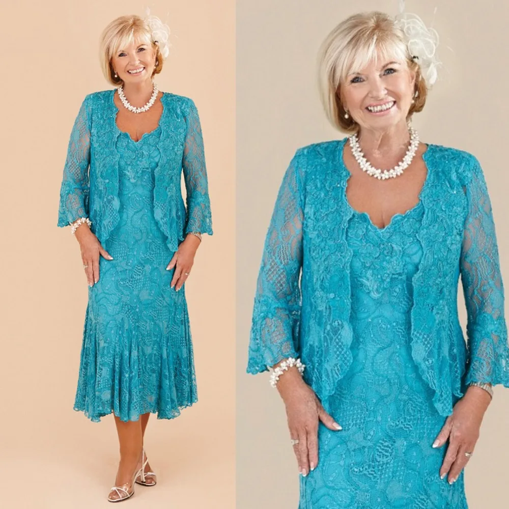 

Hot Sale Charming Two Pieces Blue Lace Mother of the Bride Dresses With Jacket A Line Wedding Guest Gowns Tea Length