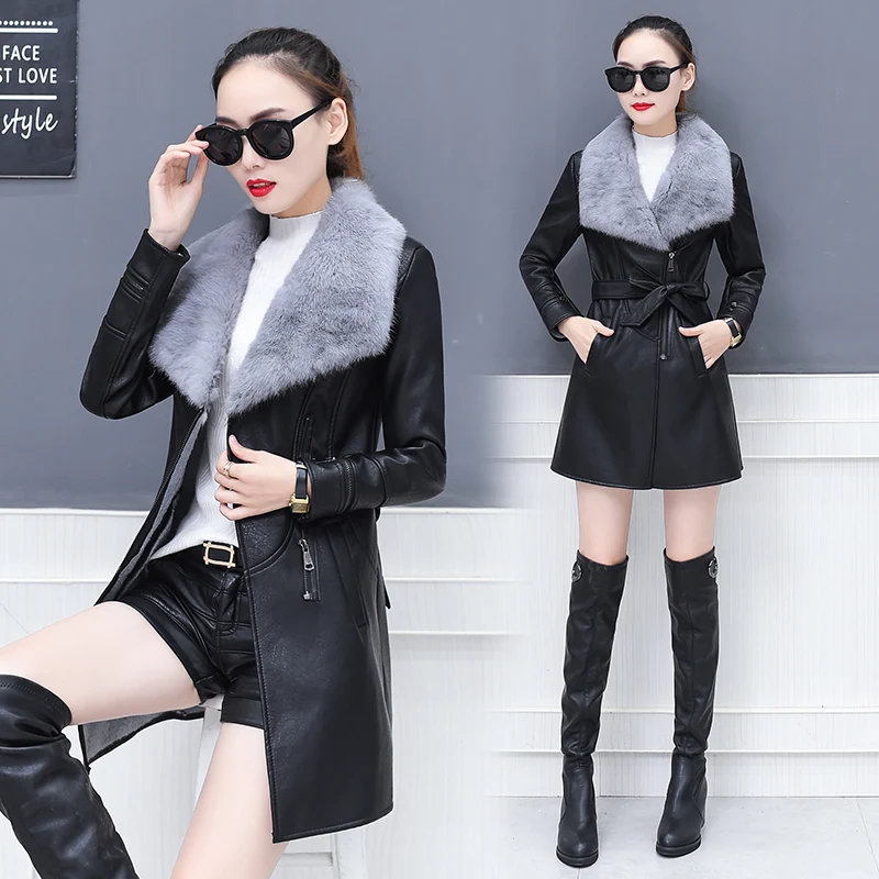 Женская кожаная куртка для зимы 2019 нового размера плюс теплое приталенное