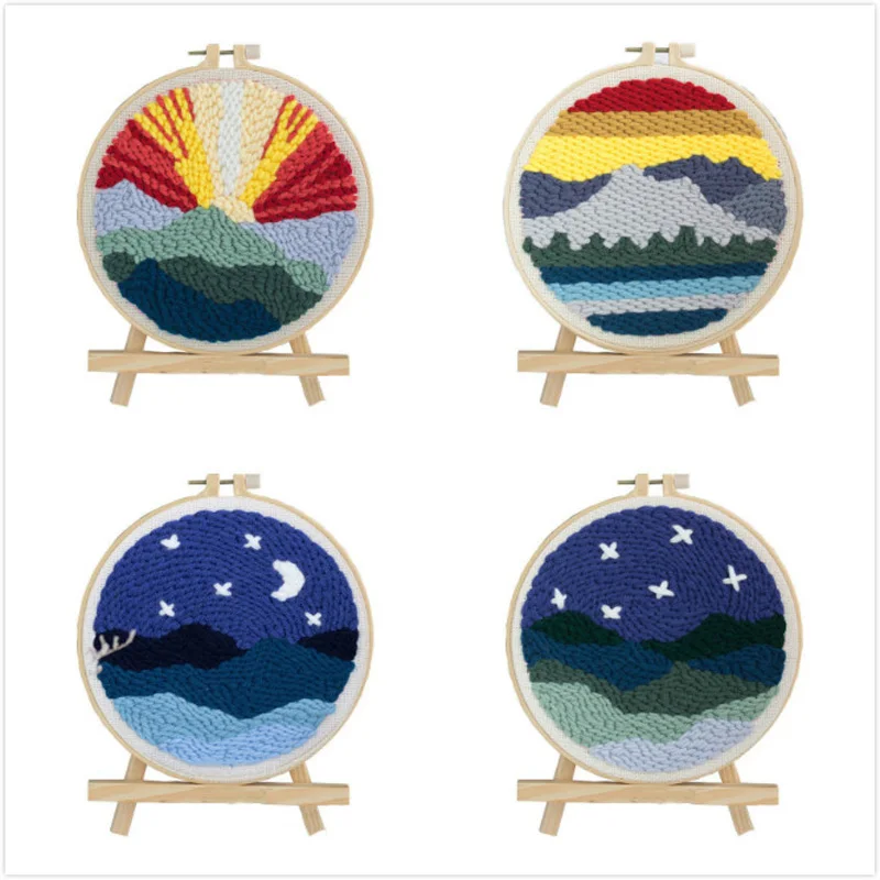 

Landscape Easy Embroidery kit Punch Needle Kit with Hoop Cross Stitch Needlework Sets Handwork Swing Art Painting Home Decor