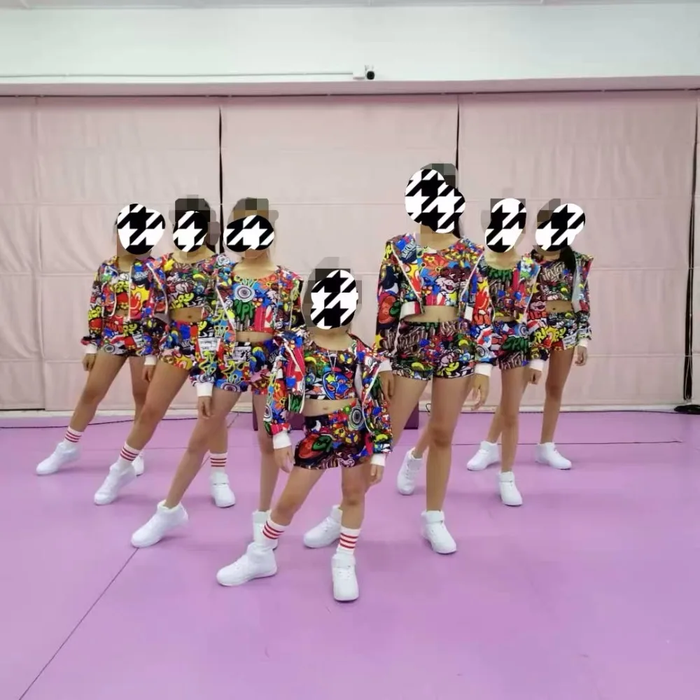 

Hip Hop Clothing Kids Jazz Dance Child Costume Fashion Print Vest Shorts Coat Jacket Stage Performance Dancing Outfit DNV10145