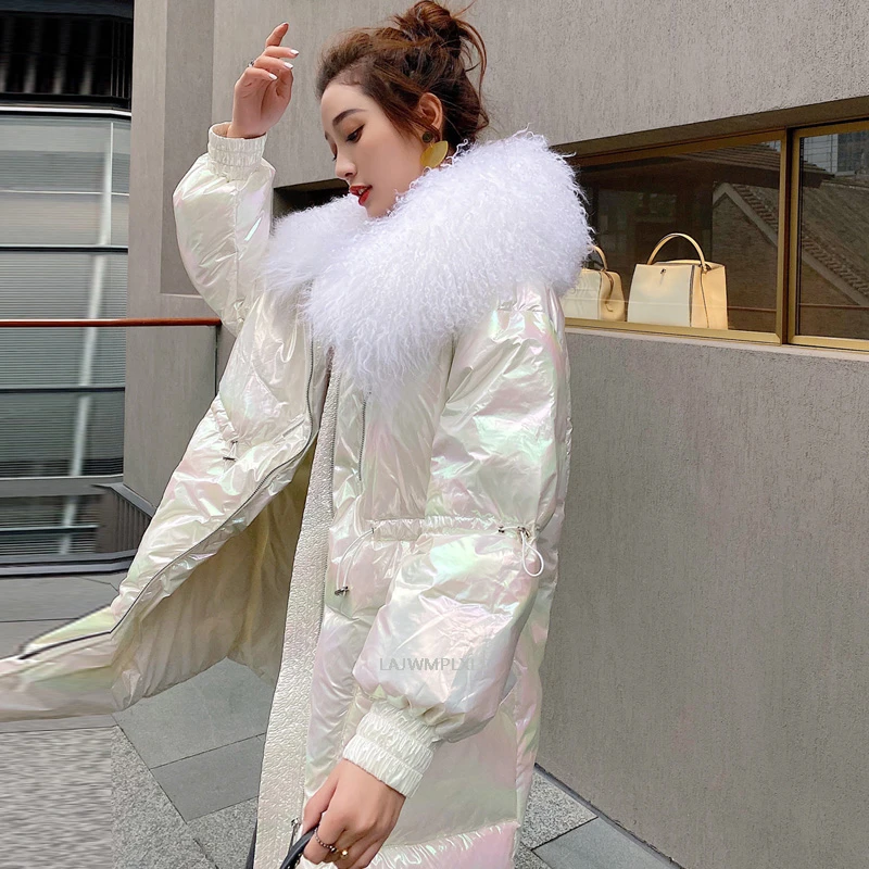 Модная зимняя женская длинная блестящая куртка с большим воротником из
