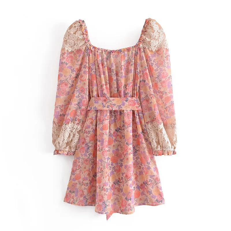 

Women's Sexy Single Breasted Suqare Neck Lace Mini Dress Summer Autumn Holiday Beach Short Loose Dress Ladies Boho Vestidos