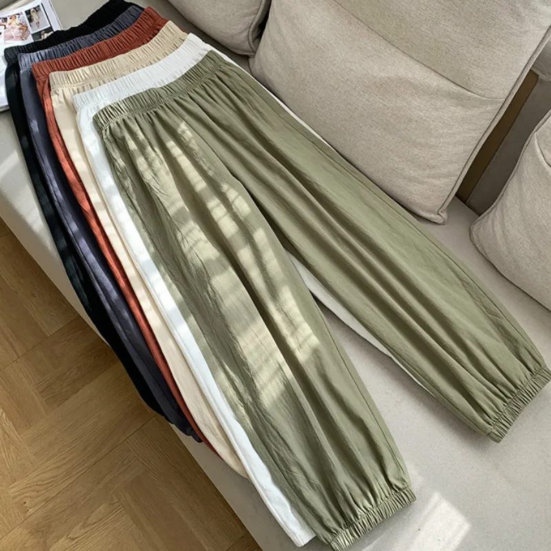 

Casual Style Cotton Linen Pants Women 2021 Spring Summer New Elastic Waist Solid Basic Retro Loose Women's Harem Pants Trousers