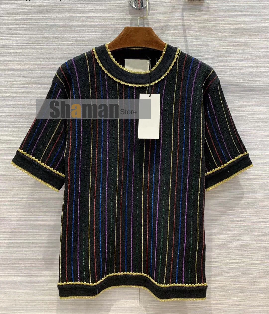 

luxury designer Gold Thread Vertical Stripe Pattern Short Sleeve Knitted tshirt top + skirt 2 piece sets set outfits for women