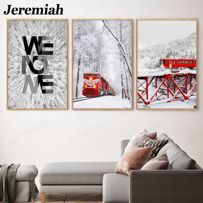 

Nordic Winter Canvas Poster Red Train Heavy Snow Forest Landscape Picture Print Wall Artist Home Decoration