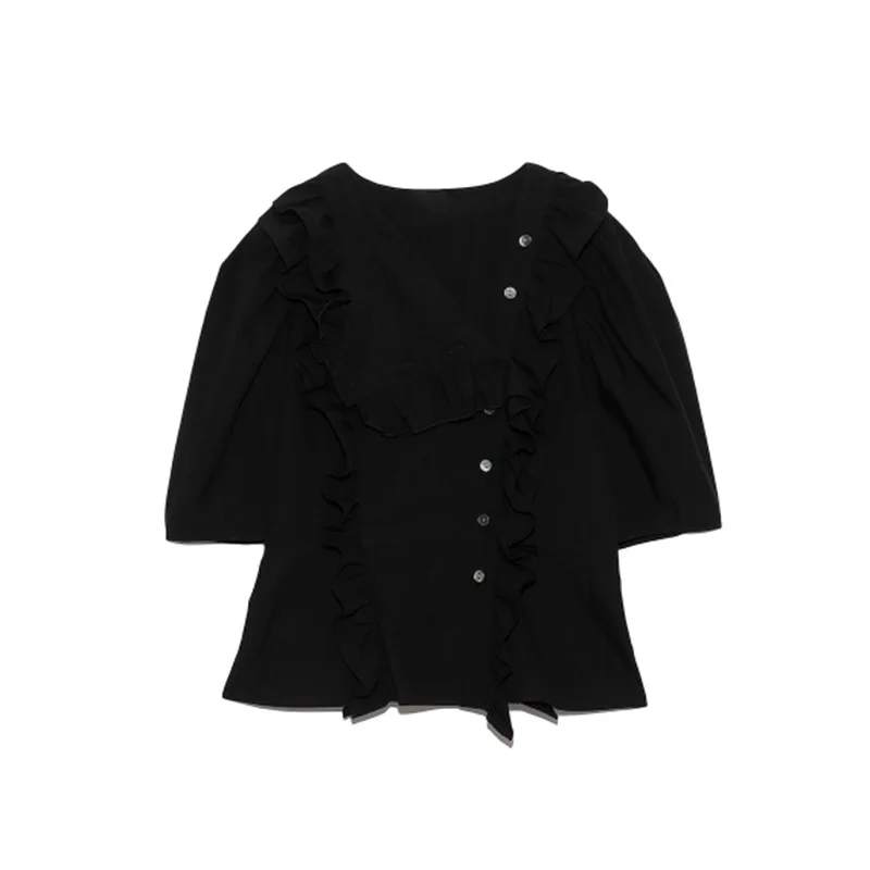 

Japan Style Elegant Solid Button Up Shirt Irregular Turn-down Collar Fungus Design Women Blouses Summer Chic Sweet Tops Mujer