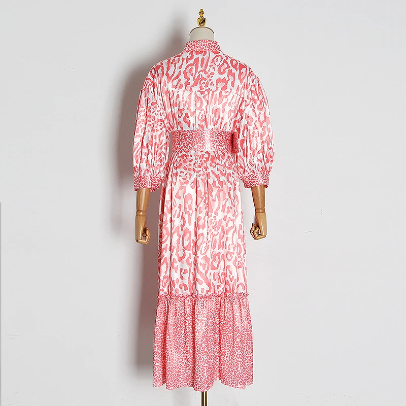 GALCAUR платье с леопардовым принтом для женщин воротник лацканами рукав-фонарик