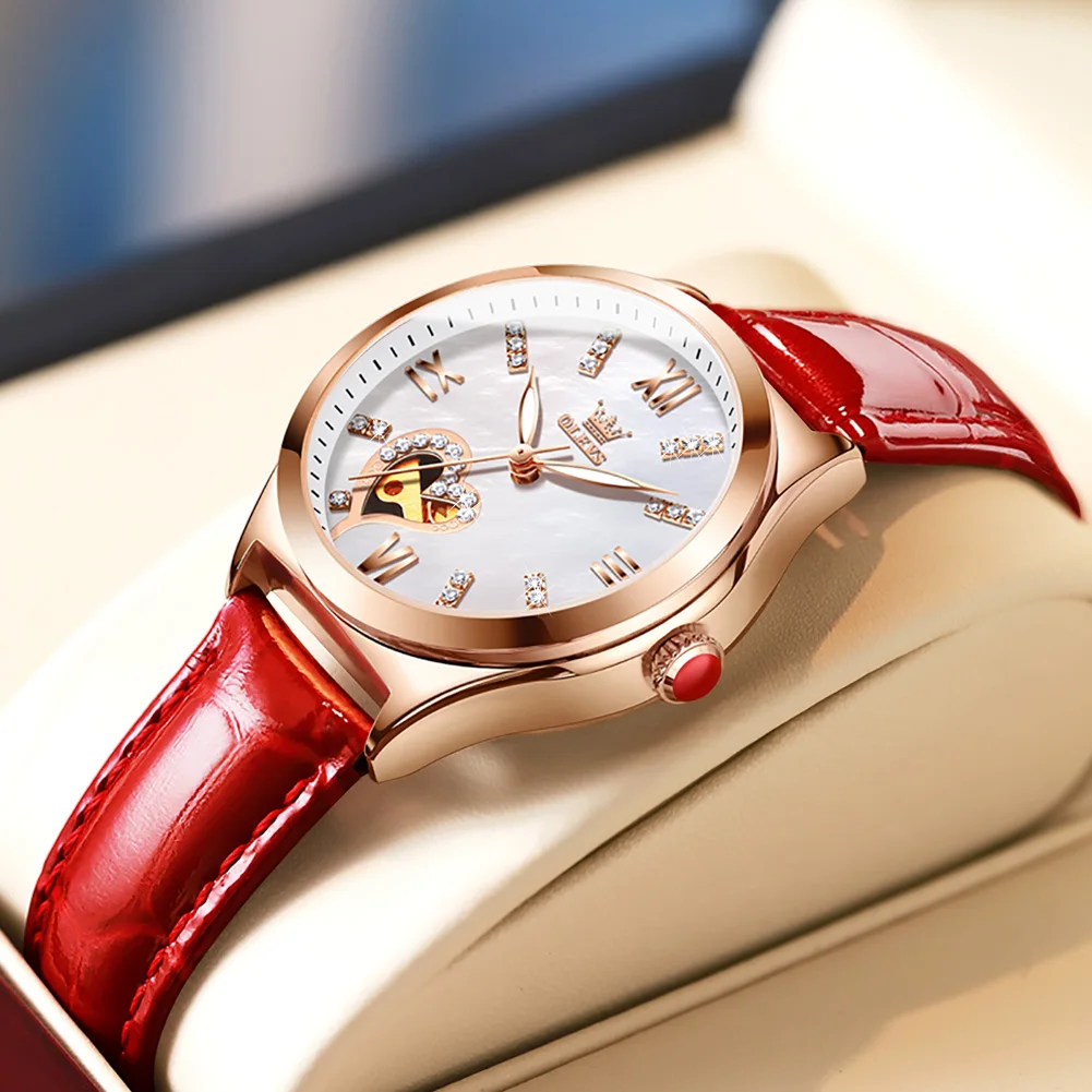 OLEVS Top Brand Women Wrist Watch Automatic Mechanical Leather Strap Female Clock Skeleton Dial Lady Wristwatch Montre Femme enlarge