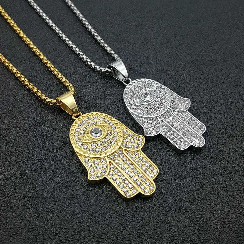 

Hip Hop Iced Out Hamsa Hand Of Fatima Turkish Eye Pendant Necklace Gold Color Stainless Steel Chain For Men Jewelry Dropshipping