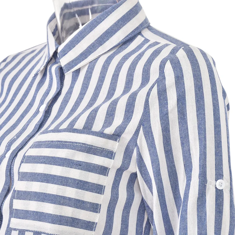 

Casual Slim Button Long Sleeve Striped Shirt Fashion Spring Autumn Women Polo Neck Blouse Ladies Office Tops