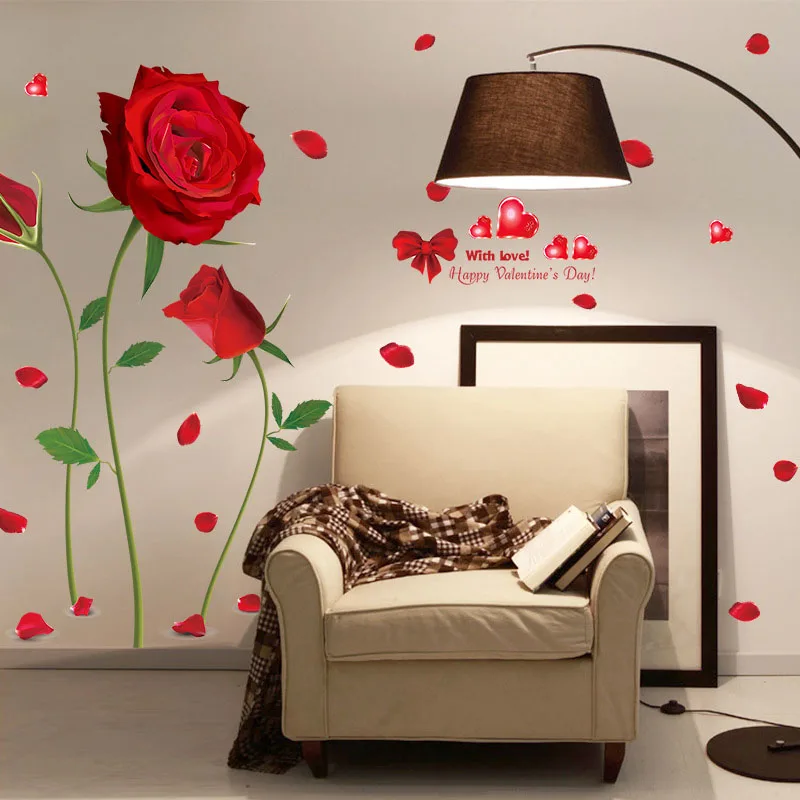 

Romantic Pink Rose Wall Stickers Happy Valentine's Day Wallpaper Home Decor Living Room Decal Bedroom Murals Butterfly Sticker