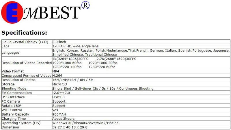 Спортивная Экшн-камера EMBEST 4K wifi с пультом дистанционного управления Ultra HD Водонепроницаемая подводная 30 м видеокамера 16MP 170 градусов широкоугольный