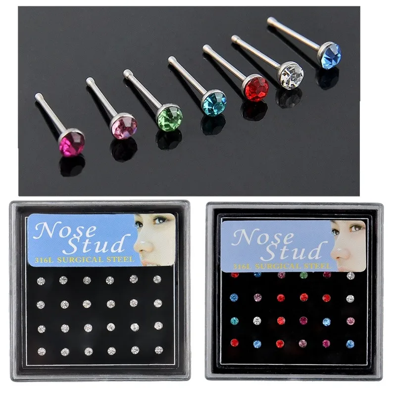 Трендовое кольцо-гвоздики с круглым кристаллом для пирсинга носа 24 шт./кор.