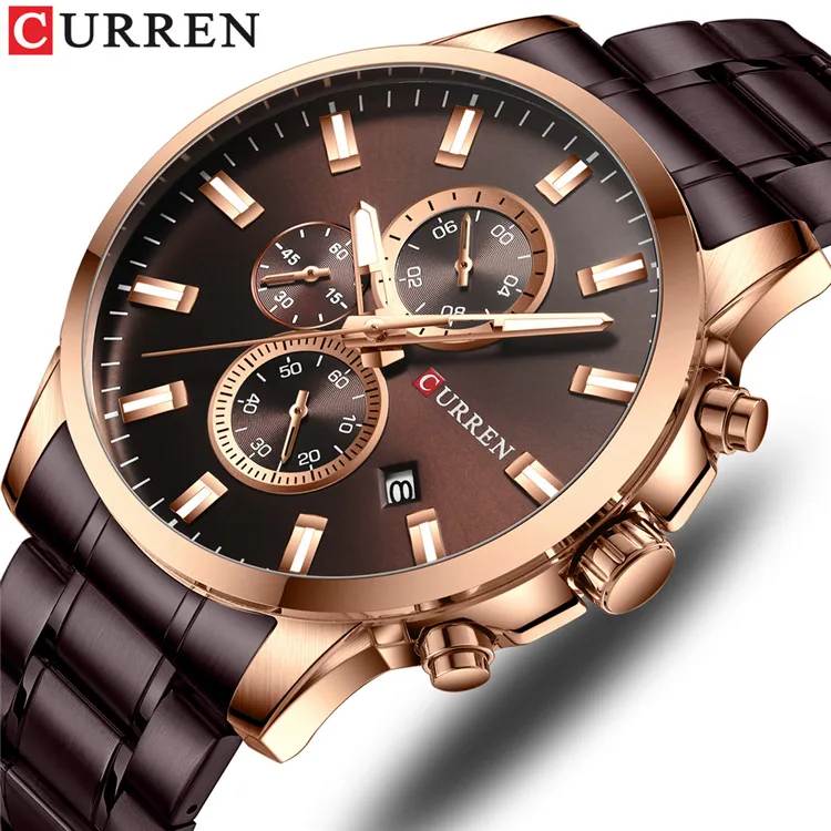 coffee CURREN новые часы мужские модные спортивные часы из нержавеющей стали Кварцевые наручные часы Военные хронограф мужские водонепроницаемые 8348 - Цвет: coffee