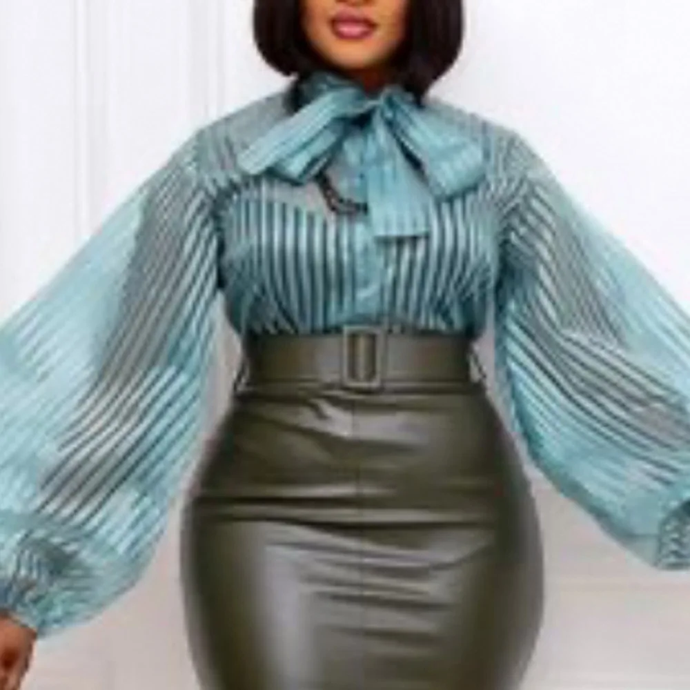 

Sexy Sheer Top Striped See Through Lantern Long Sleeve Bow Tie Button Up Women Plus Size Shirt Office Lady Work Wear Blouse