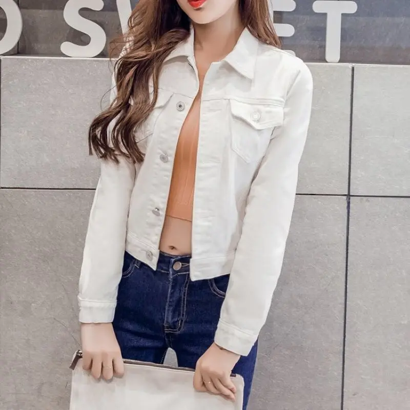 

Новинка, облегающий зимний джинсовый топ с длинным рукавом белого и черного цвета для женщин, однотонная джинсовая куртка, женское короткое...