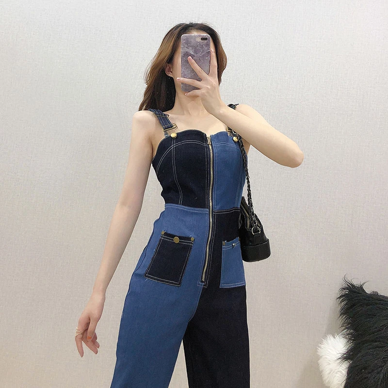 

Denim Jumpsuit High Waist Zipper Korean Fashion Bodysuit 2021 Summer Contrast Color Ropa Mujer Vintage Patchwork KZ452