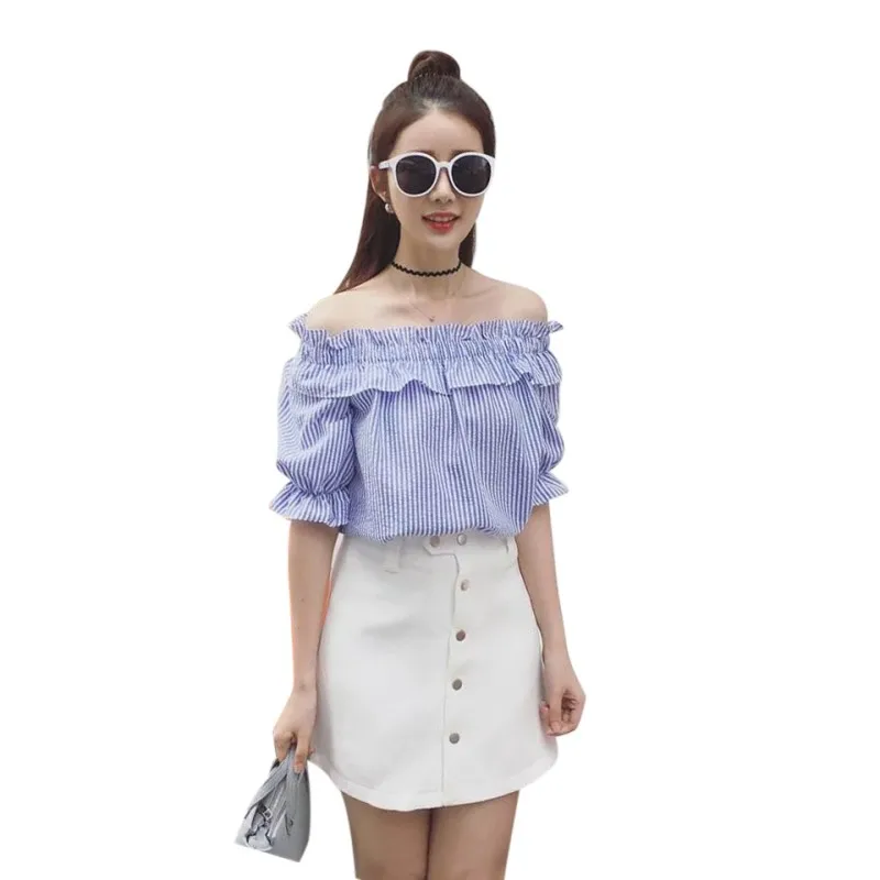 

Cute Blusa Thin Striped Ruffles Shirt Short Slash Neck Slim Shirt Flare Sleeve Elegant Female Sweet Shirt Summer Girl Short Top