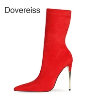 dovereiss fashion womens shoes winter pointed toe sexy slip on new clear heels pure color red ankle boots stilettos heels 46 47