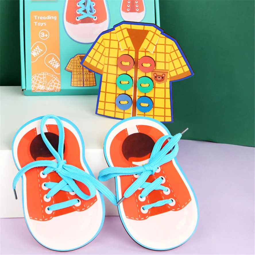 Montessori Threading Beads Game Wooden Kids Educational Lacing Toys Sewing Buttons Teaching Aid Puzzle Stringing Toy for Baby