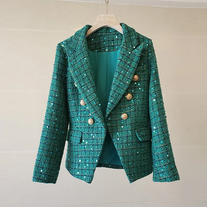 New Arrival Runway Double Breasted Suit Luxury Tweed Jackets Women's Coat Green Sequins Jacket Female Outerwear Casacos