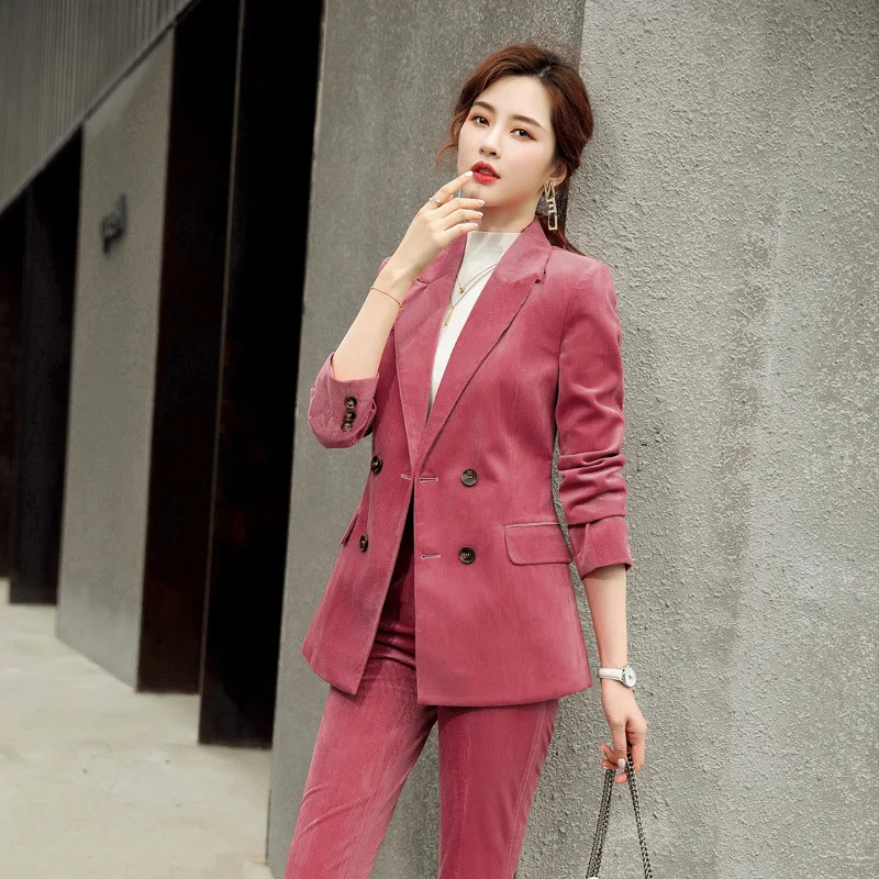 IZICFLY Winter Fall Slim Corduroy Ladies Suit with Pant Uniform Two Piece Set Women Business Long Style Blazer and Trouser Suits