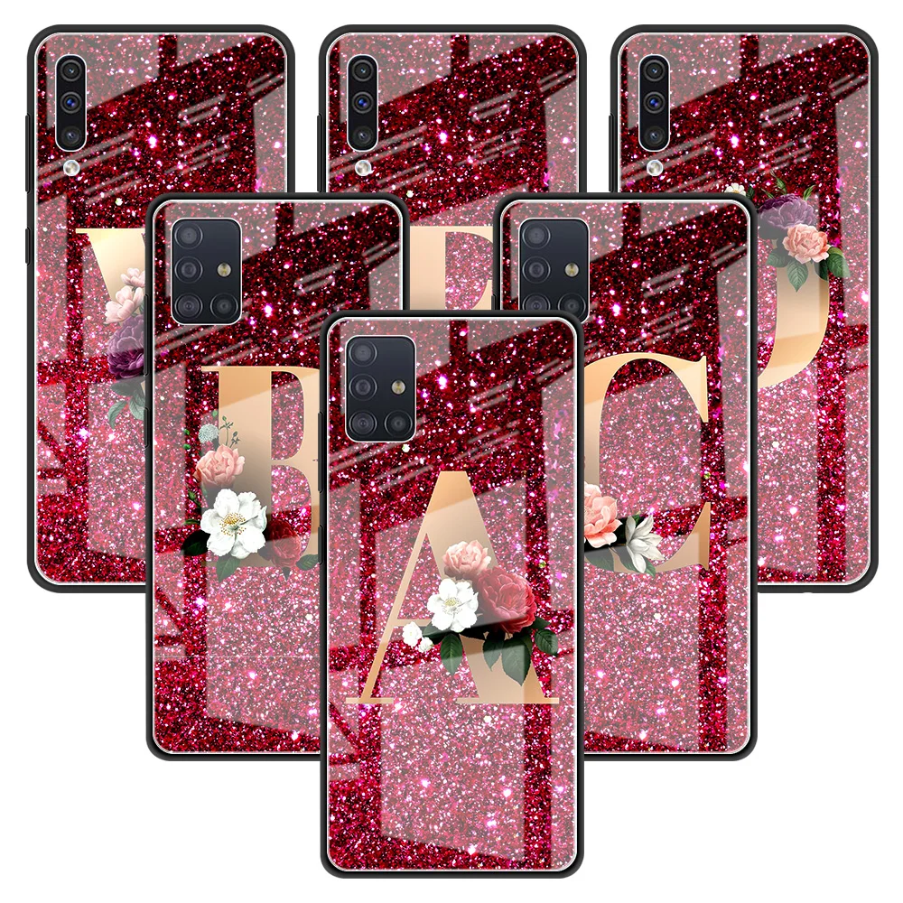 

Glass Phone Case For Samsung Galaxy A51 A50 A71 A52 A70 A21s A72 A31 M31 M51 A30 A10 Tempered Back Capa Cute Fashion Letter