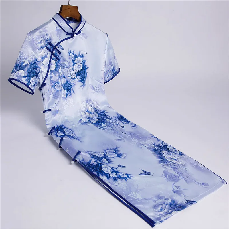 

Пикантные Цветочный принт Ципао с воротником «Мандарин», короткий рукав Cheongsam элегантный китайский новый Вечеринка платье Vestidso
