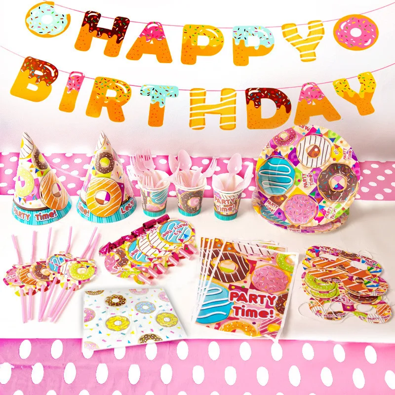 

Doughnut Grow up Party Paper Cup Napkin Plates Happy Birthday Anniversary Baby Shower Candy Bar Party Decor Donut Party WQ06