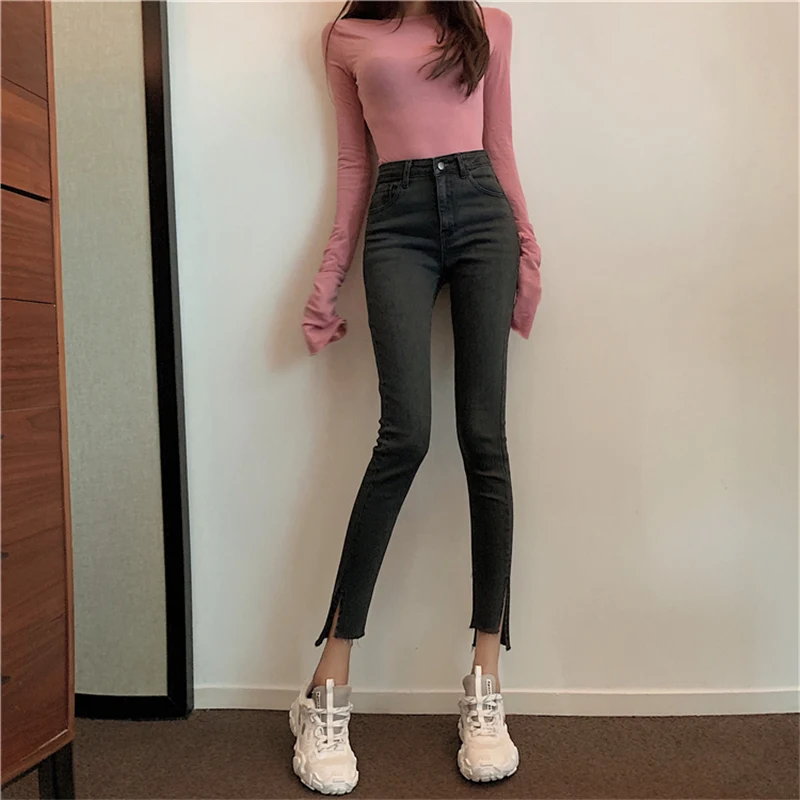 

Real shot 2020 new fashion wild temperament elasticity was thin Slim jeans retro split feet feet nine points pencil pants
