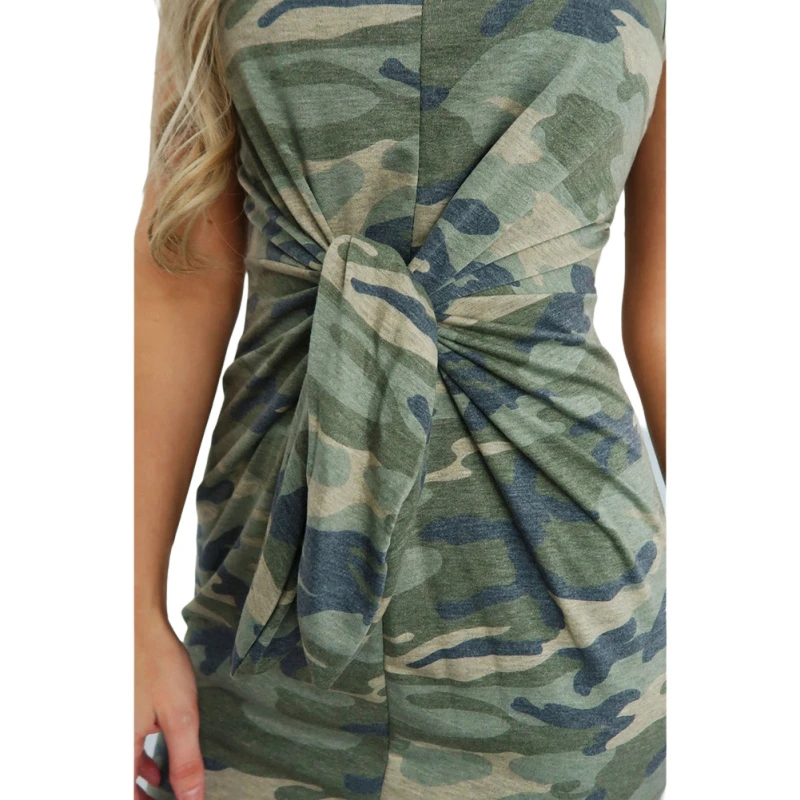 

European And American Summer Women Round Neck Camouflage Printed Dress Lace-up Tie Waist Female Dresses