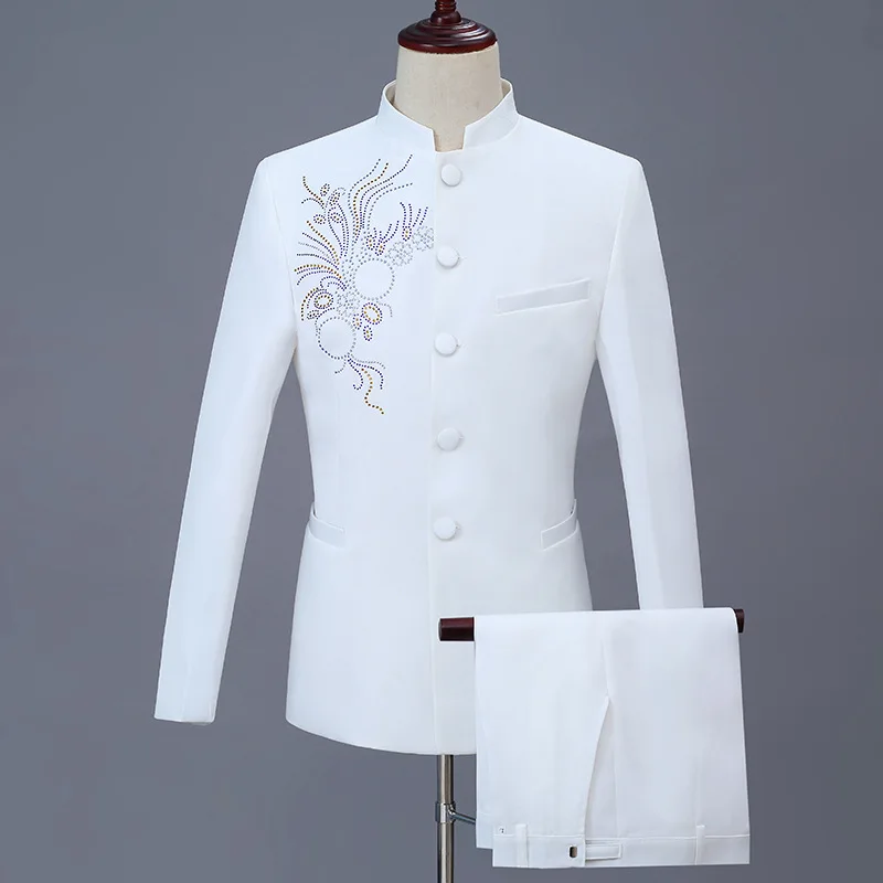 

Black Plus Size Male Single-breasted Rhinestone Flower Suit with Pants Presenter Stage Clothing Men's Wedding Party Blazer Sets