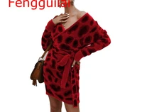 women leopard knitted dress autumn winter clothes 2020 vestidos long sleeve v neck bodycon sweater dresses