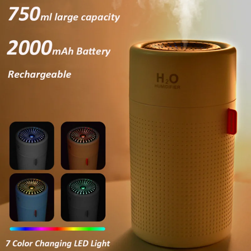 

750ml Large Capacity Air Humidifier 2000mAh USB Rechargeable Wireless Ultrasonic Aroma Water Mist Diffuser Light Dropshipping